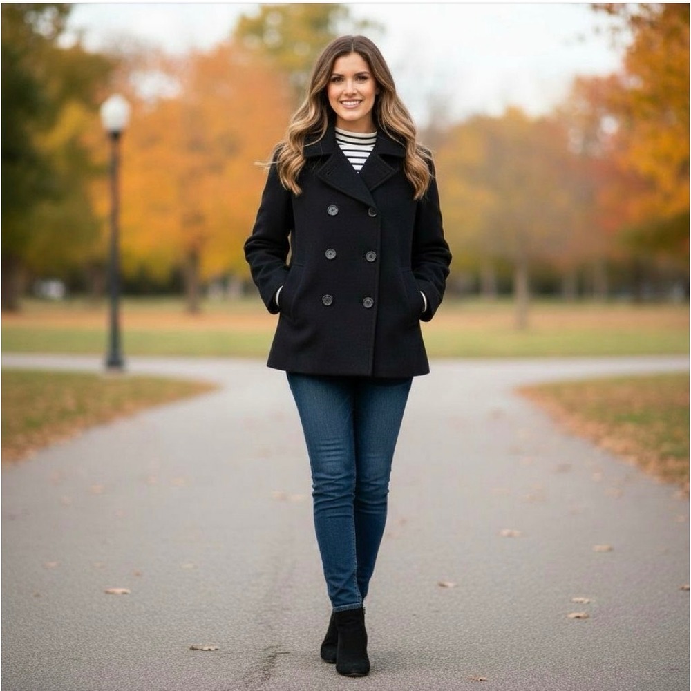 Merona Women Black Double Breasted Wool Blend Peacoat Jacket Size XL‎